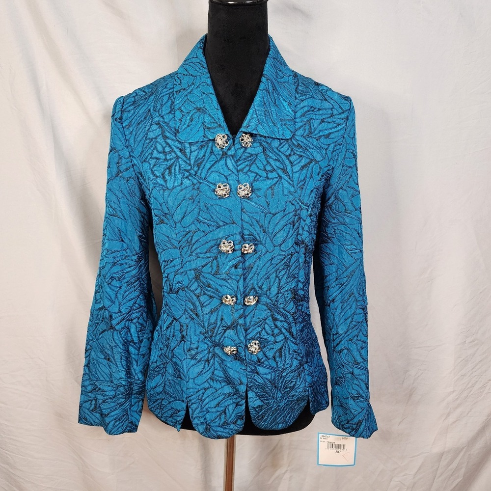 New w/tag LESLIE FAY Size 8P Shimmering Turquoise Jacquard Scalloped Hem Blazer - Picture 2 of 13